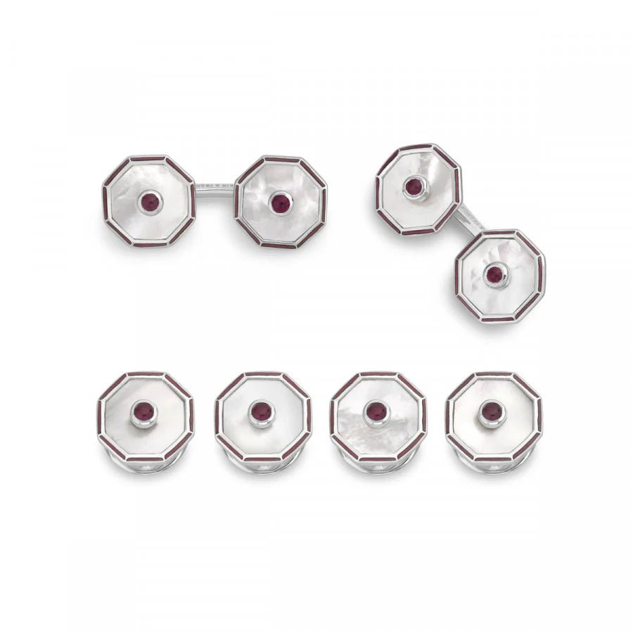 Sterling Silver Octagonal Mother - of - Pearl and Ruby Dress Set – Deakin & Francis - EB London