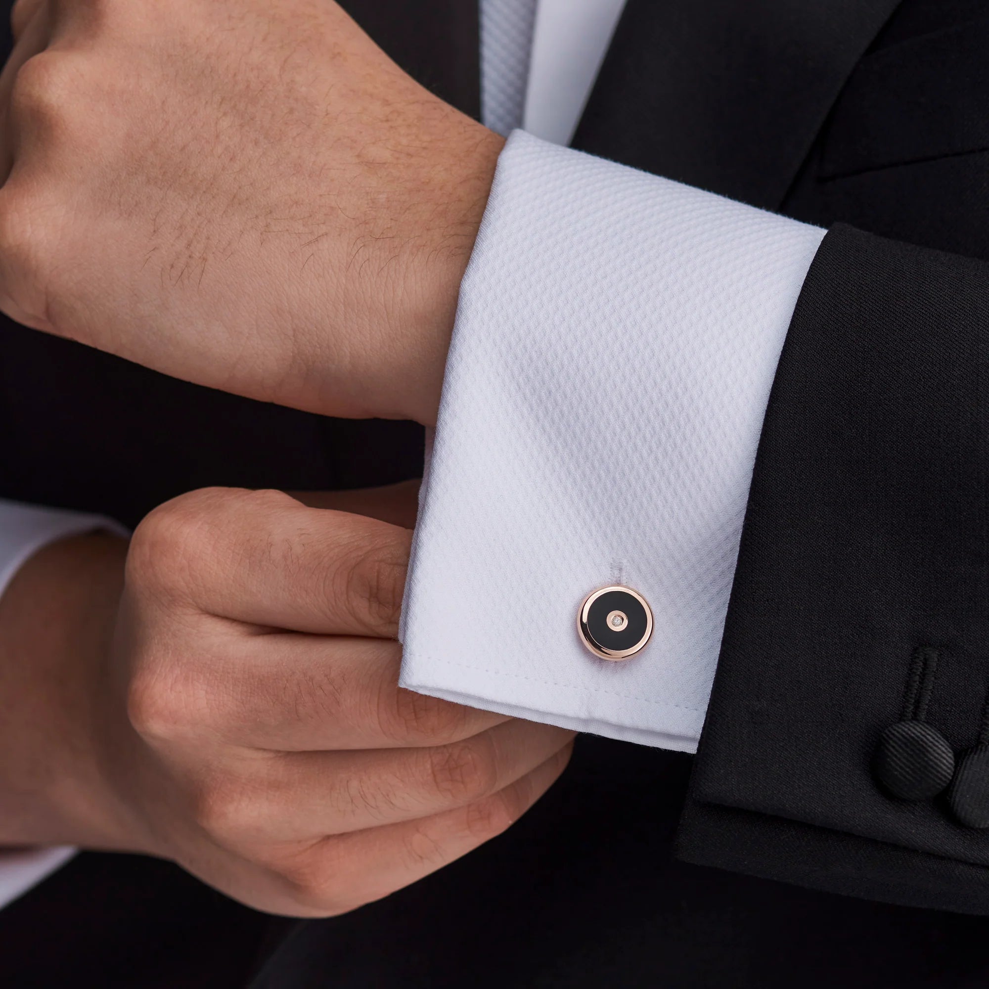Onyx Inlay Cufflinks with Diamond Centre in Rose Gold - Deakin & Francis | EB London