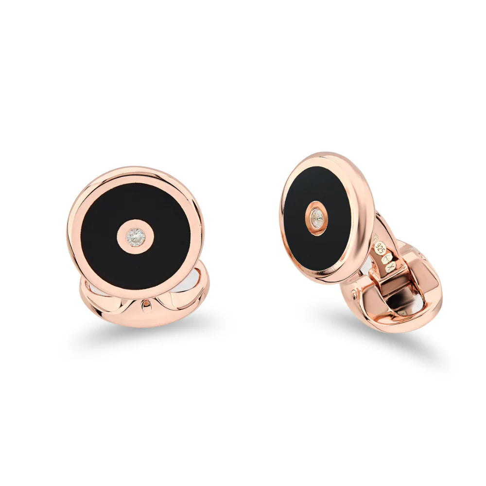 Sterling Silver Onyx Inlay Cufflinks with Diamond Centre in Rose Gold - Deakin & Francis | EB London
