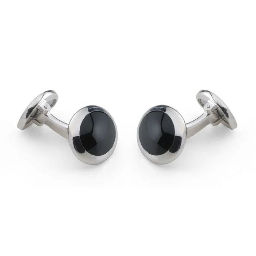 Sterling silver oval cufflinks with hand-cut black onyx inlay by Deakin & Francis at EB London