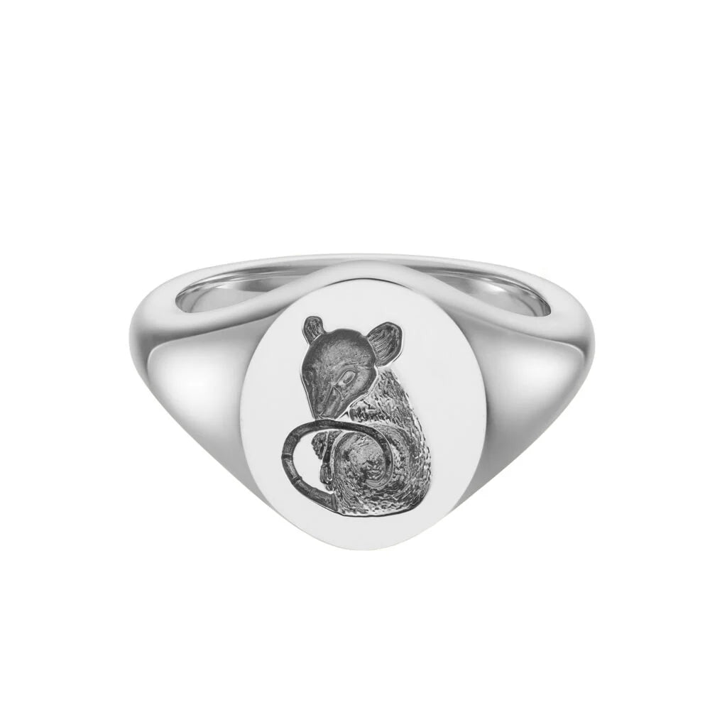 Deakin & Francis sterling silver oval zodiac signet ring with Rat engraving, 12x10mm, handcrafted in Birmingham, at EB London