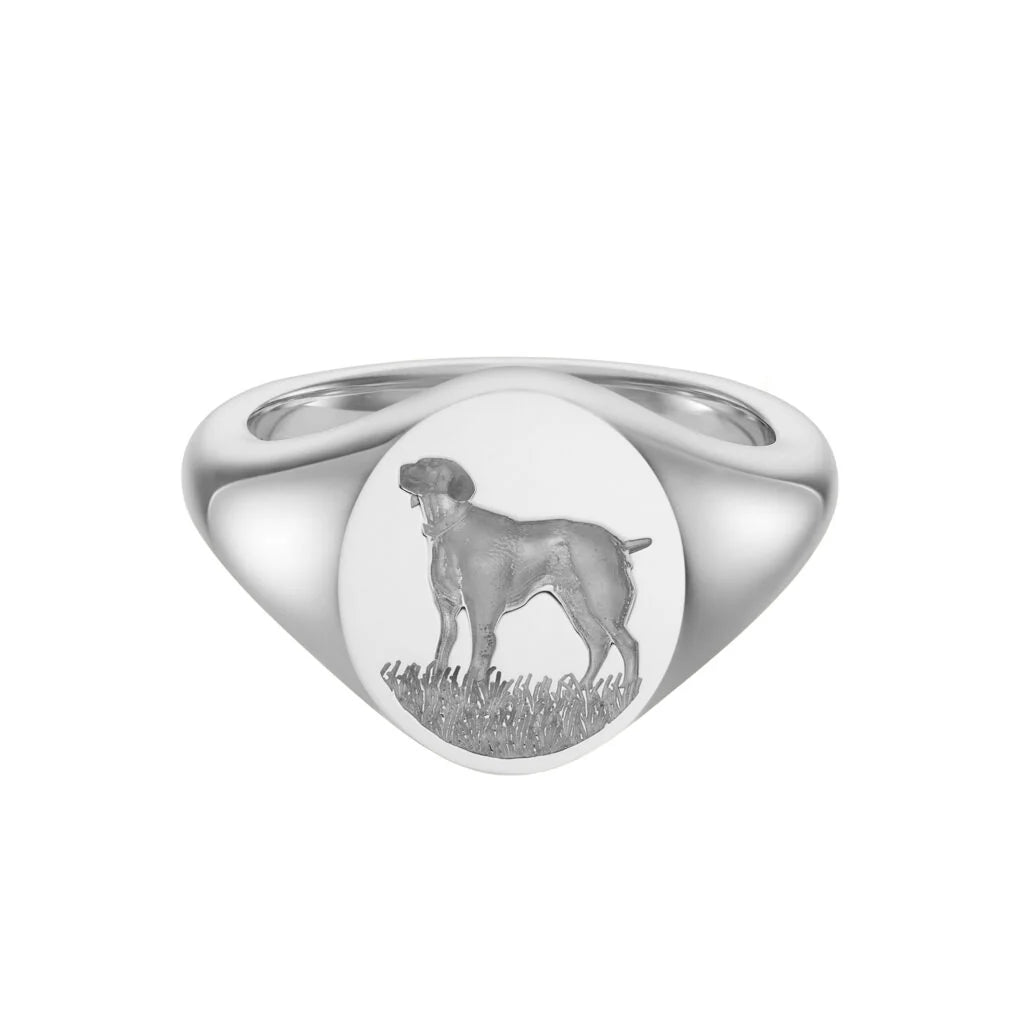Deakin & Francis sterling silver oval zodiac signet ring with Dog engraving, 14x11.5mm, handcrafted in Birmingham, at EB London