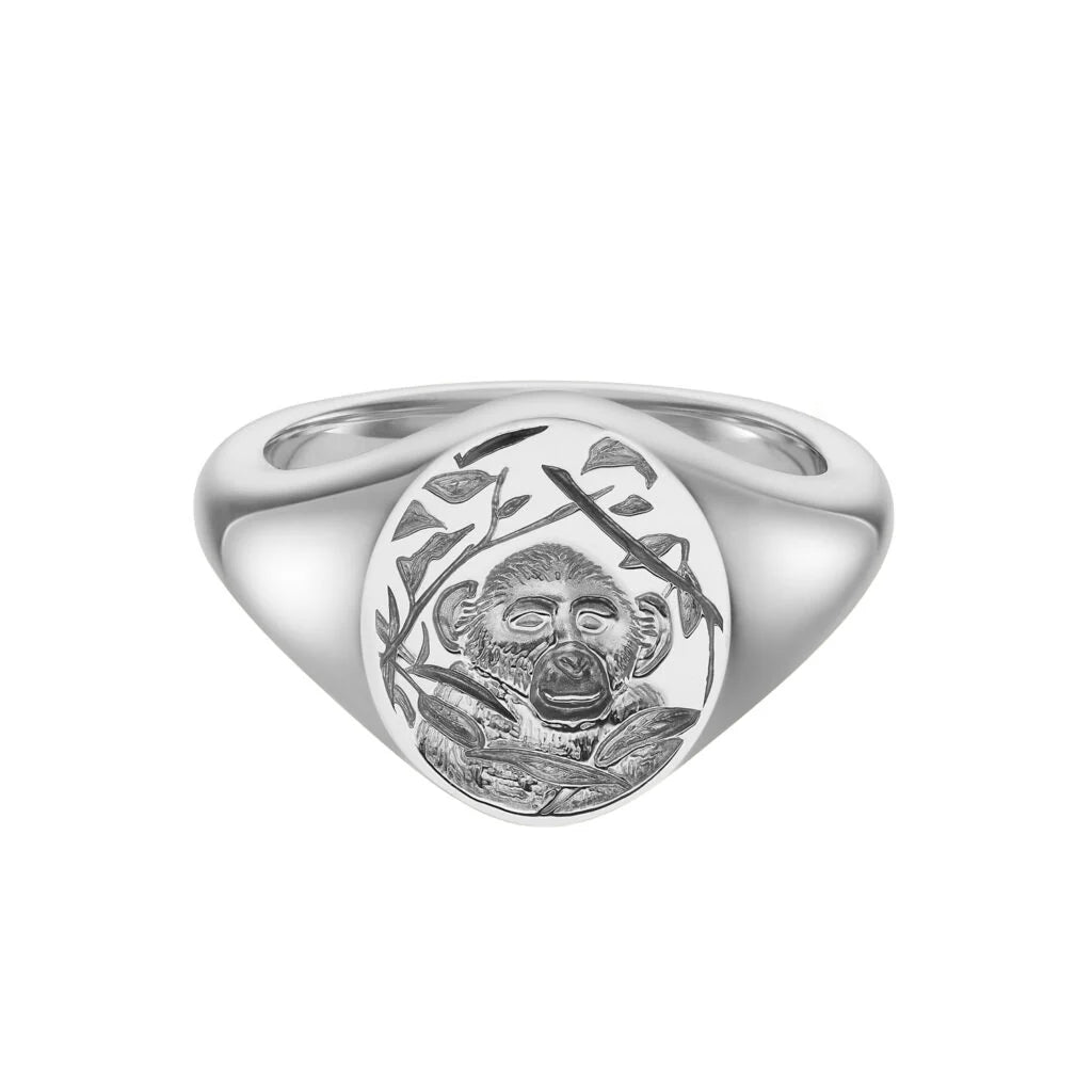 Deakin & Francis sterling silver oval zodiac signet ring with Monkey engraving, 14x11.5mm, handcrafted in Birmingham, at EB London