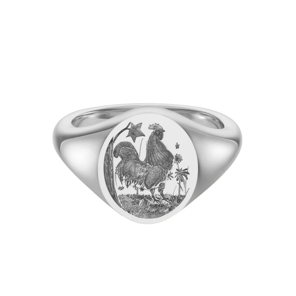 Sterling Silver Oval Zodiac Signet Ring (14x11.5mm) - Rooster - Deakin & Francis - EB London