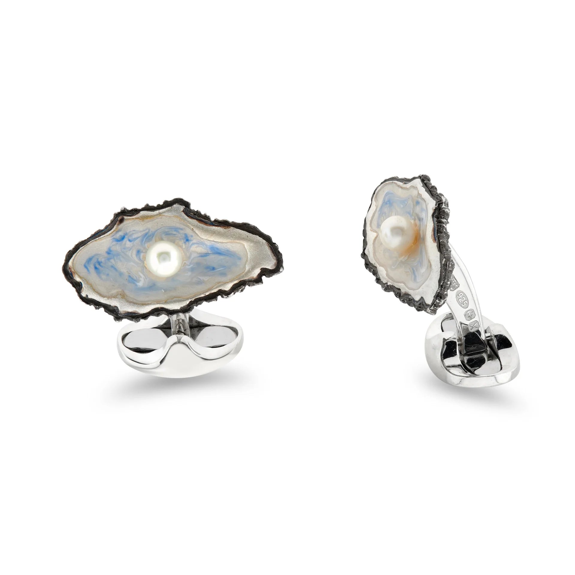 Sterling Silver Oxidised Oyster and Pearl Cufflinks – Deakin & Francis - EB London - Side