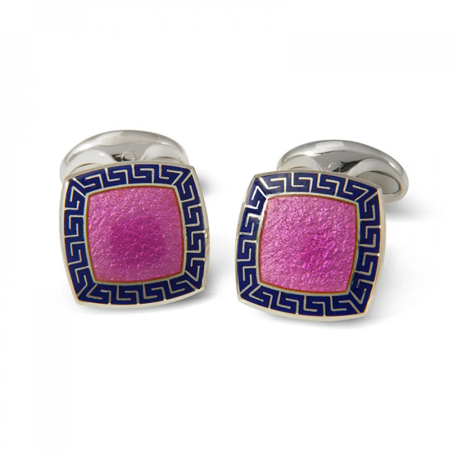 Silver Pink Enamel Cufflinks with Blue Patterned Border - Deakin & Francis | EB London