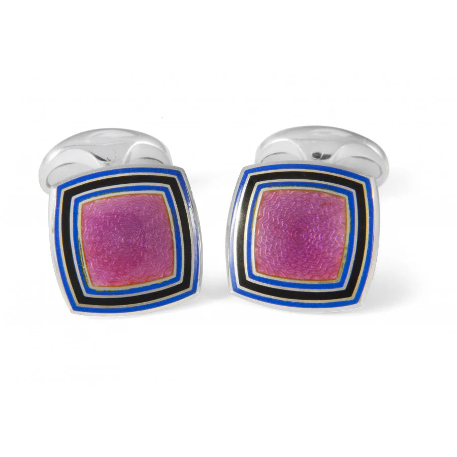 Silver Pink Enamel Cufflinks with Blue Striped Border - Deakin & Francis | EB London