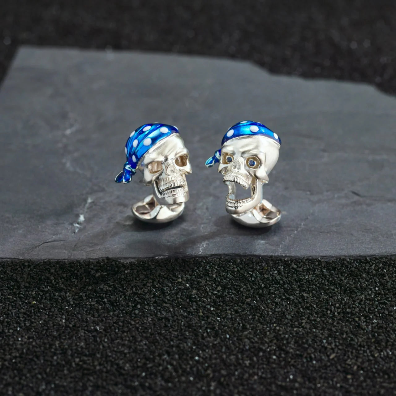 Silver Pirate Skull Cufflinks with Blue Bandana & Sapphire Eyes – Deakin & Francis - EB London