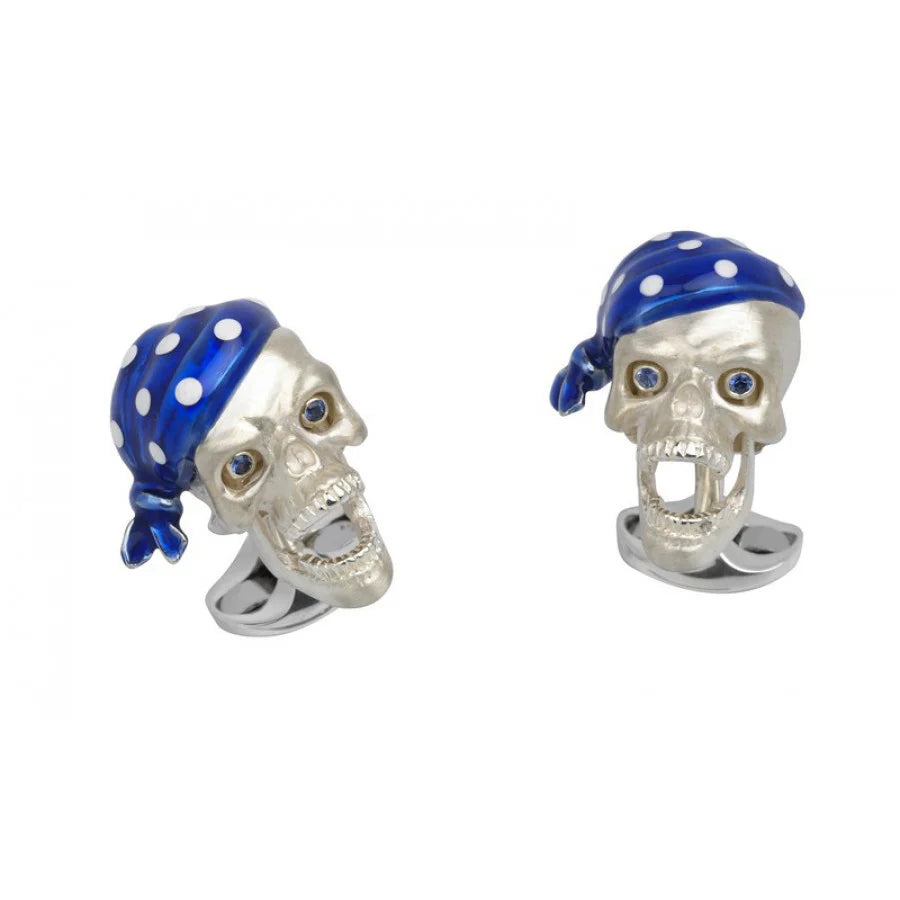Sterling Silver Pirate Skull Cufflinks with Blue Bandana & Sapphire Eyes – Deakin & Francis - EB London
