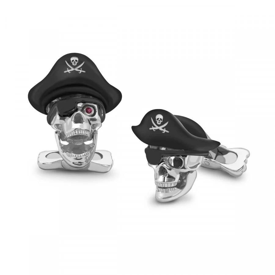 Sterling Silver Pirate Skull Cufflinks with Hat & Ruby Eyes – Deakin & Francis - EB London