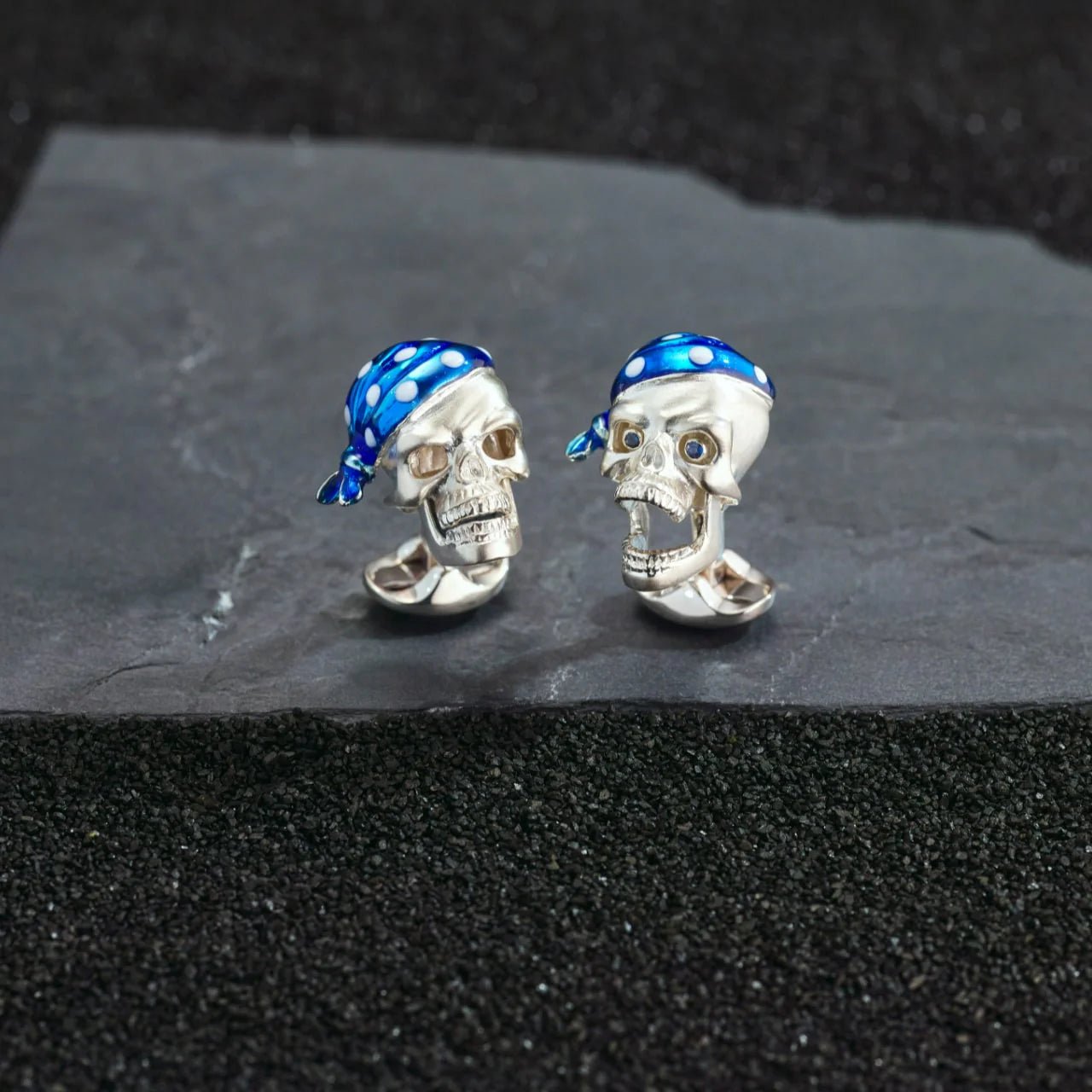 Sterling Silver Pirate Skull Cufflinks with Blue Bandana & Sapphire Eyes – Deakin & Francis - EB London