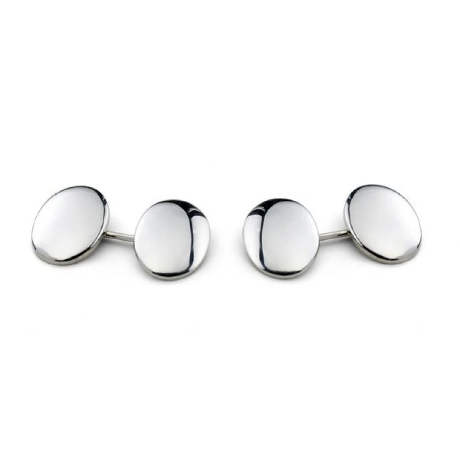 Sterling silver plain domed oval cufflinks with fetter-link fitting by Deakin & Francis at EB London