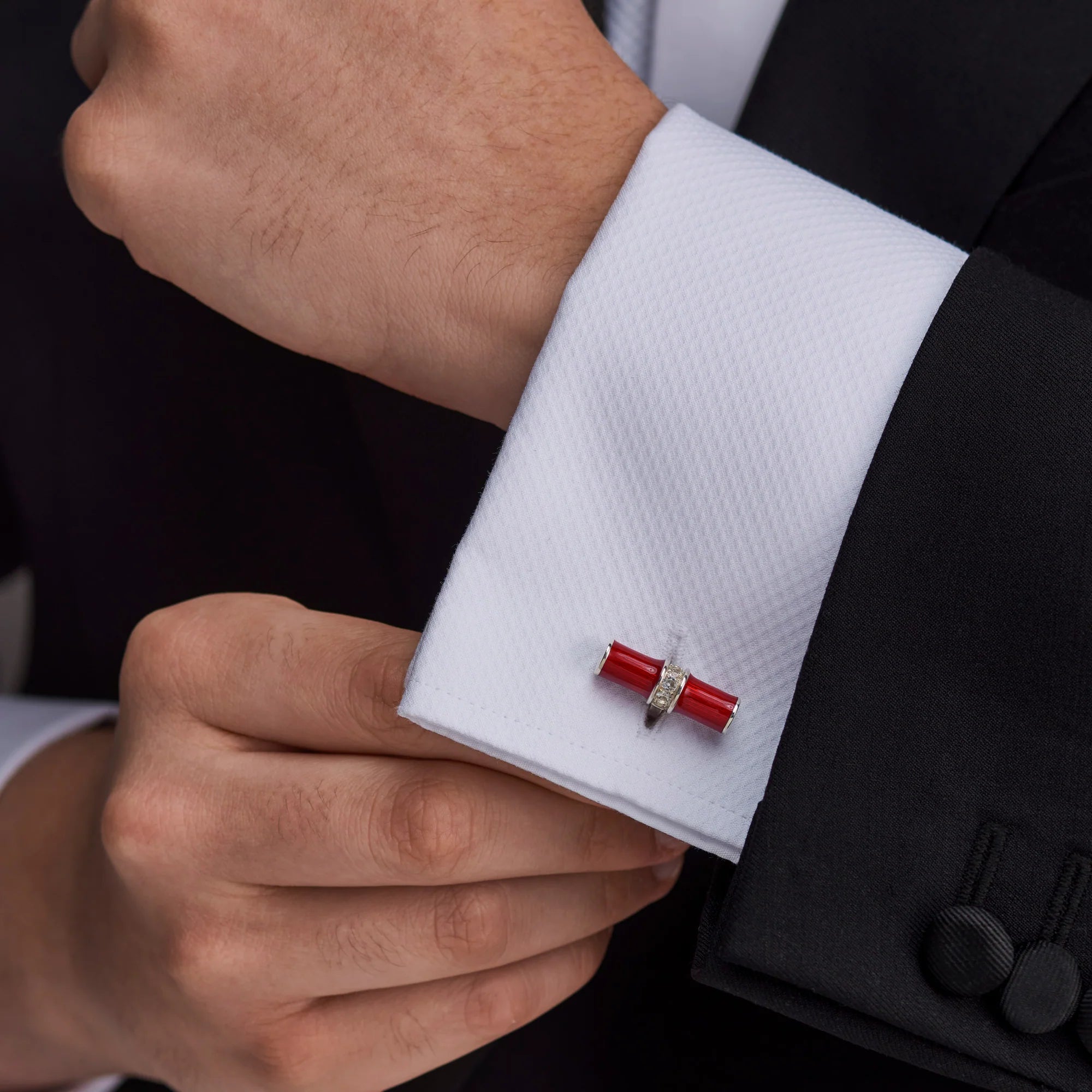 Sterling Silver Red Enamel Bar Cufflink with Sparkling Spinel – Deakin & Francis - EB London