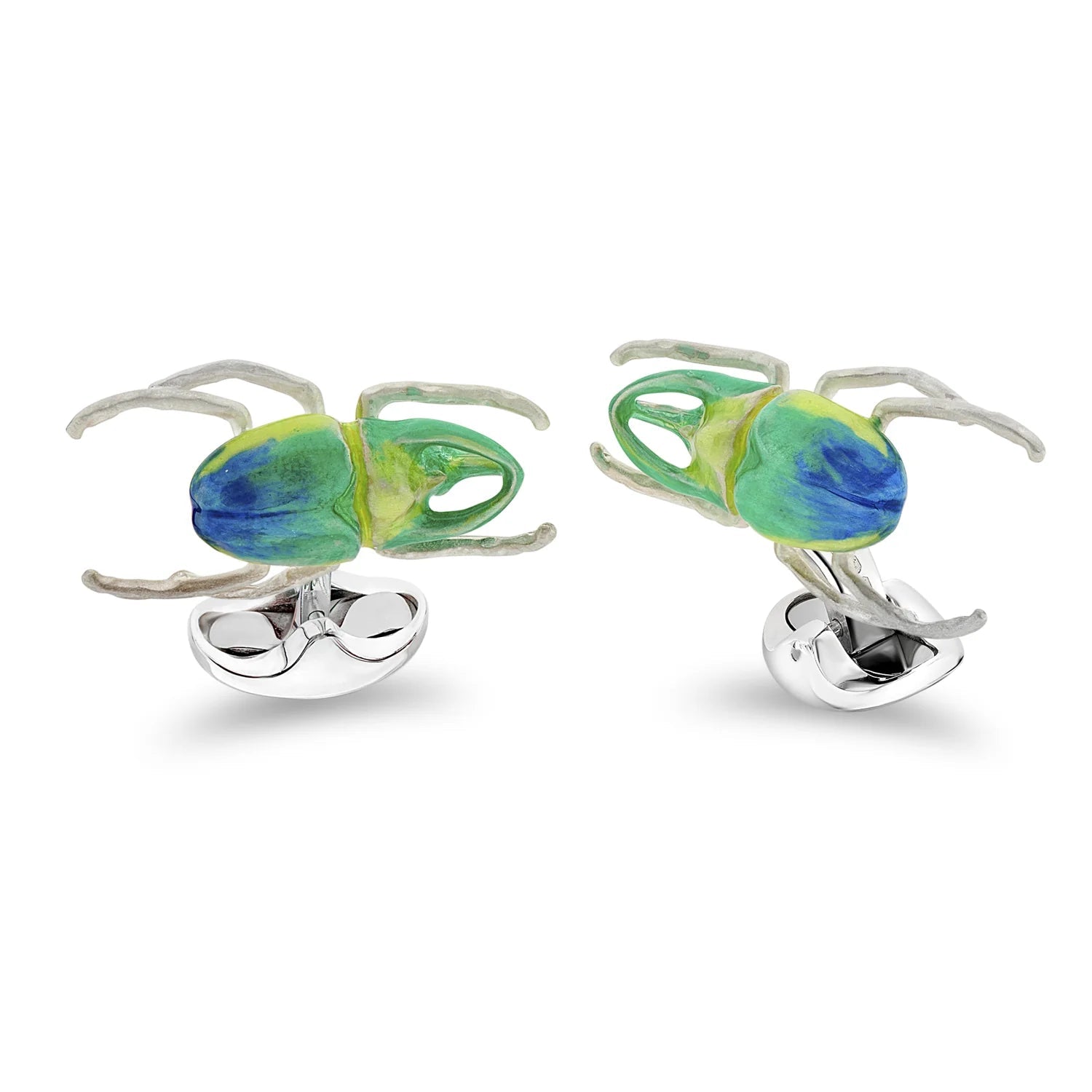 Sterling Silver Rhinoceros Beetle Cufflinks with Green, Blue and Yellow Enamel – Deakin & Francis - EB London