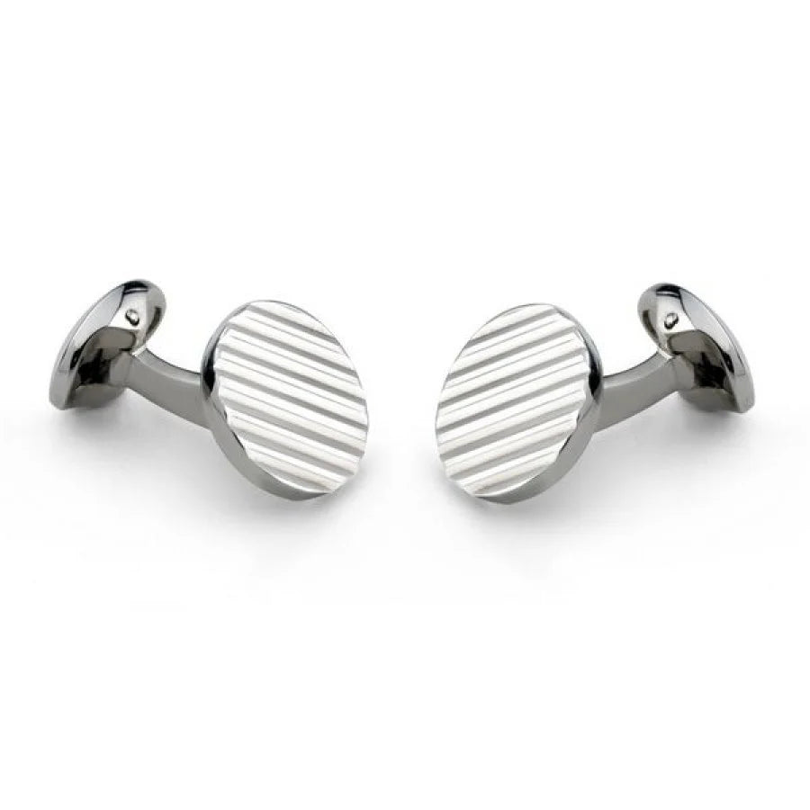 Sterling silver 15mm round cufflinks with diagonal engine-turned pattern and spring link fitting by Deakin & Francis at EB London