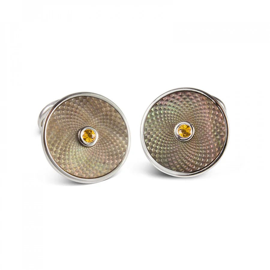Sterling Silver Round Cufflinks with Grey Mother of Pearl and Sapphire - Deakin & Francis - EB London