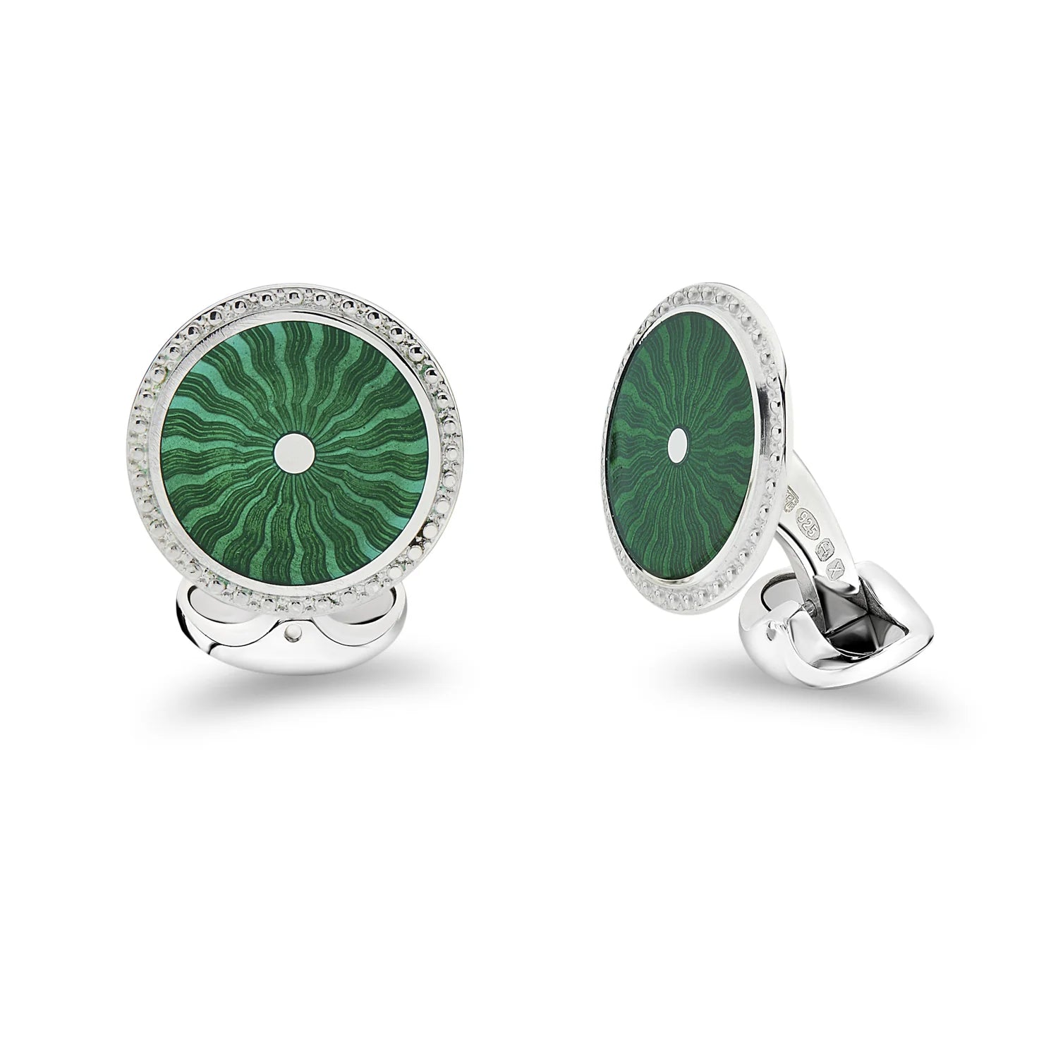Luxury Sterling Silver Round Forest Green Enamel Cufflinks With Detailed Border - Deakin & Francis | EB London