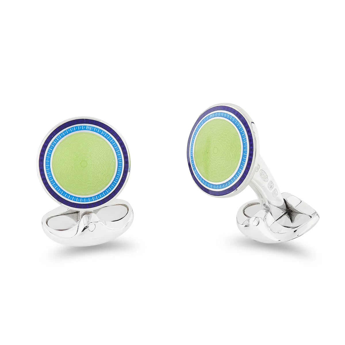 Luxury Sterling Silver Round Lime Green Enamel Cufflinks With Navy and Sky Blue Border - Deakin & Francis | EB London