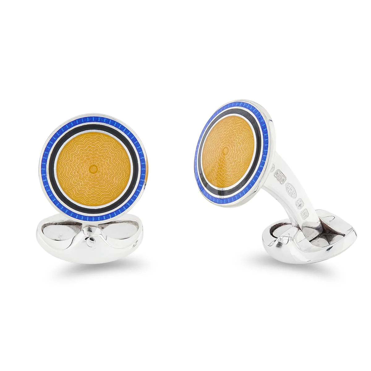 Silver Round Yellow Cufflinks with Royal Blue and Black Border - Deakin & Francis | EB London