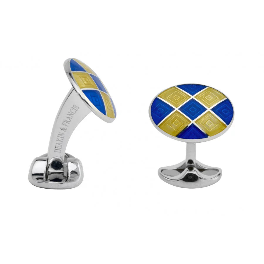 Silver Royal Blue and Bright Yellow Patterned Cufflinks - Deakin & Francis | EB London