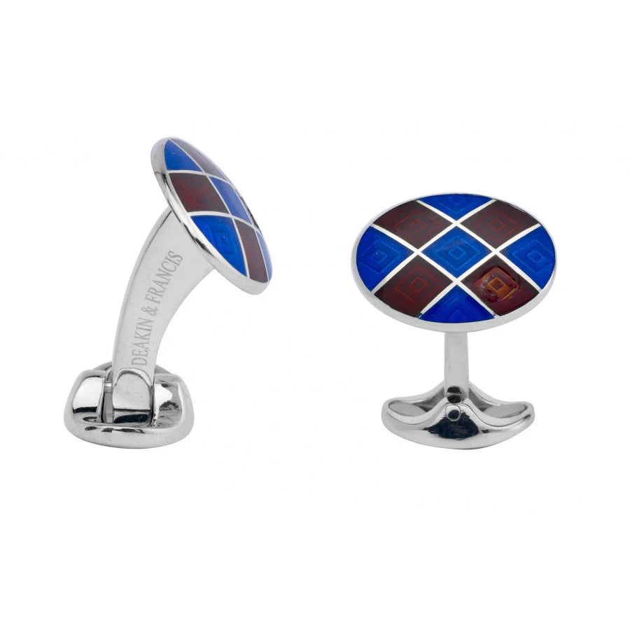 Silver Royal Blue and Maroon Red Patterned Enamel Cufflinks - Deakin & Francis | EB London