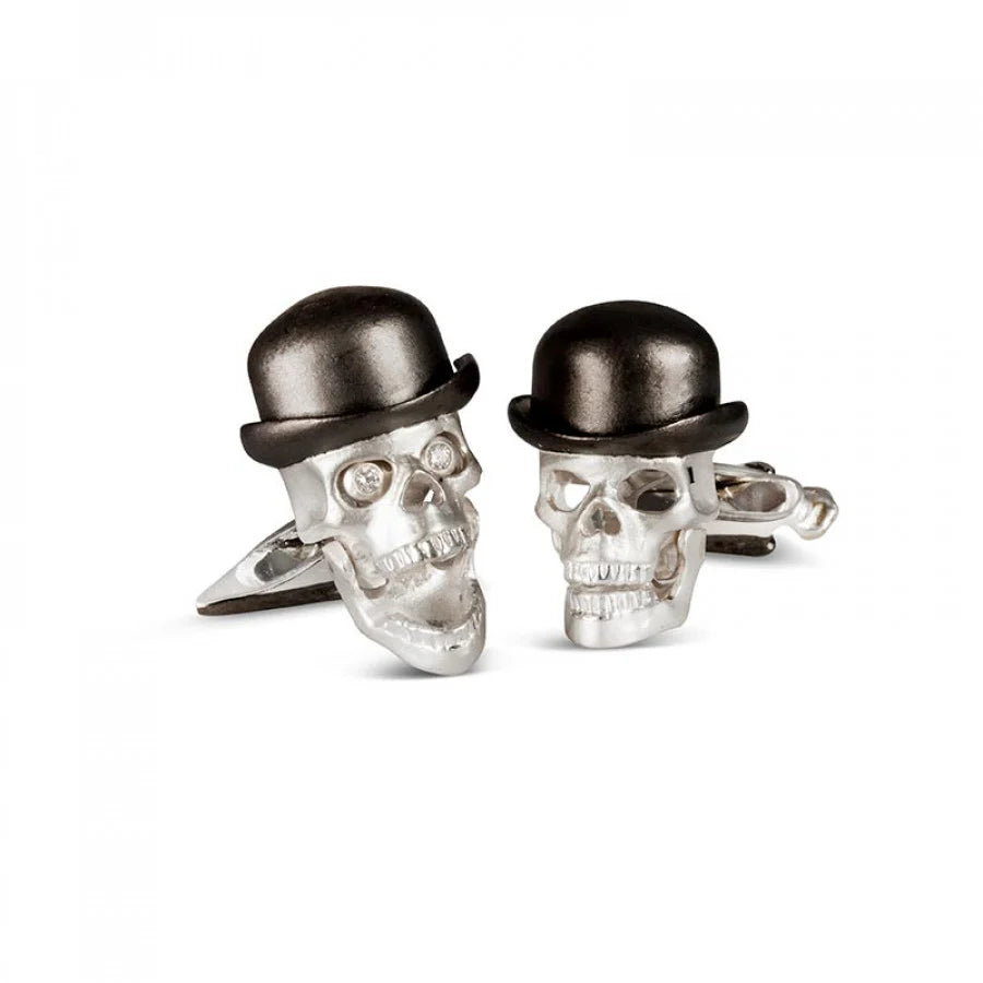 Sterling Silver Skull Cufflinks with Bowler Hat, Umbrella & Diamond Eyes - Deakin & Francis - EB London