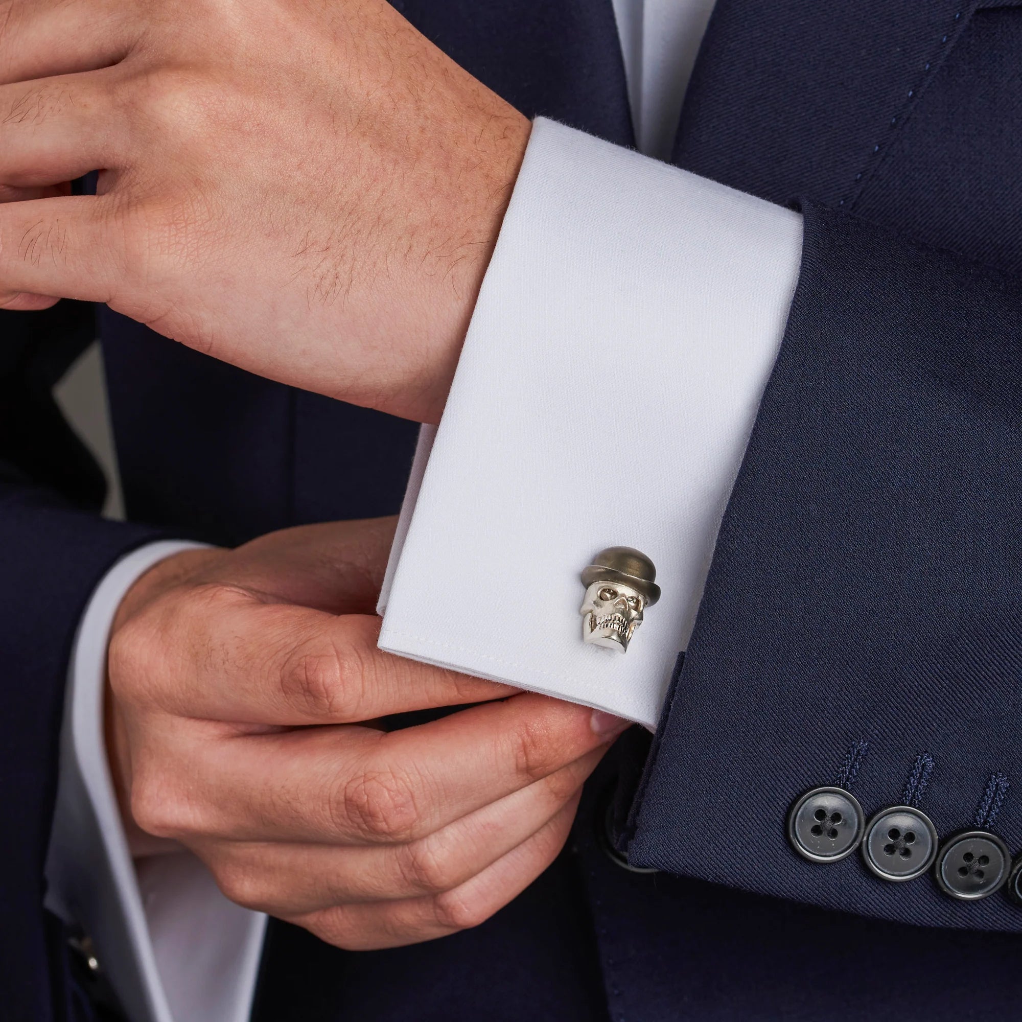 Sterling Silver Skull Cufflinks with Bowler Hat, Umbrella & Diamond Eyes - Deakin & Francis - EB London