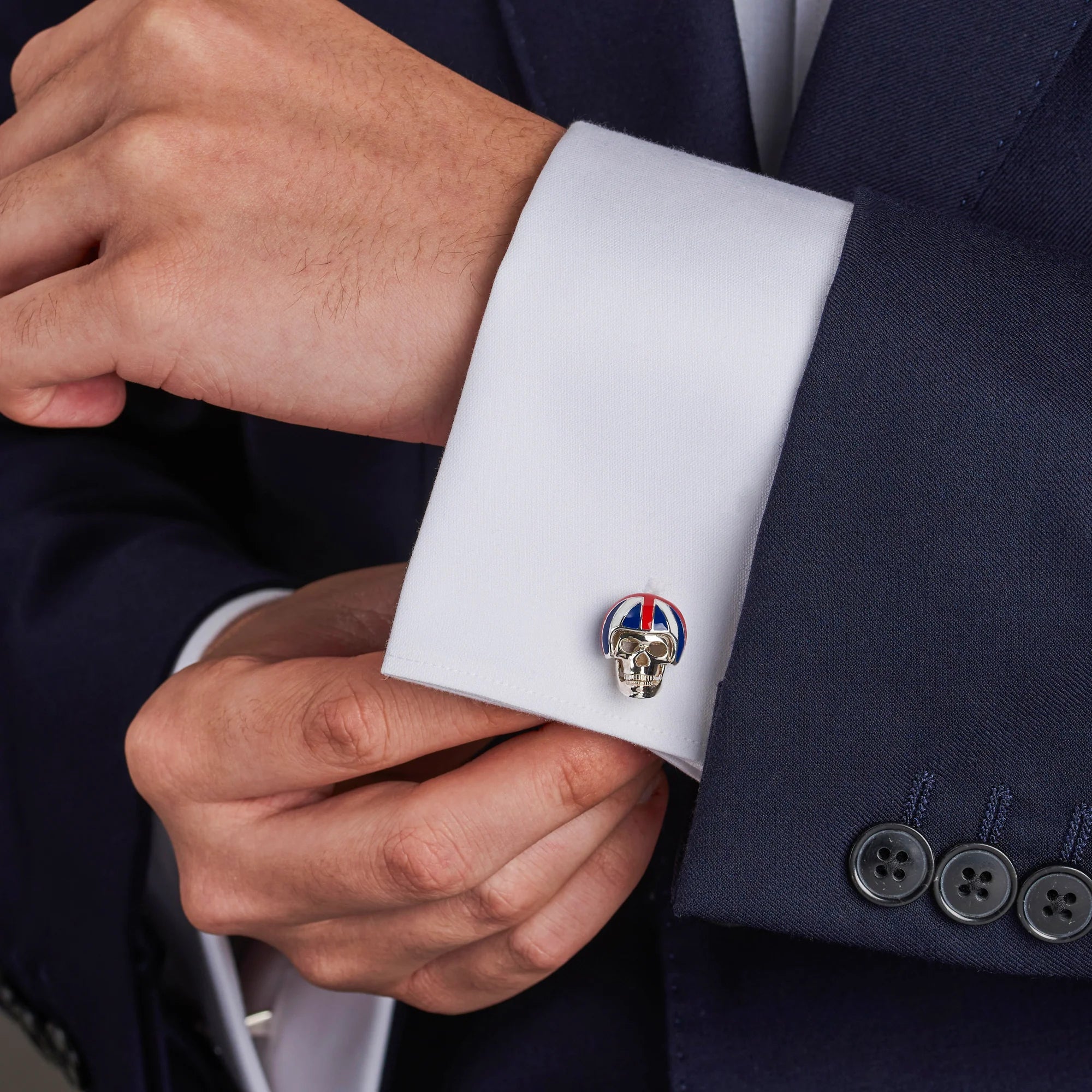 Sterling Silver Skull Cufflinks with Union Jack Helmet & Ruby Eyes – Deakin & Francis - EB London