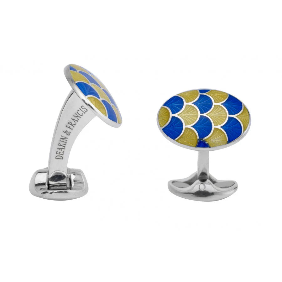 Silver Bright Yellow and Royal Blue Scallop Pattern Cufflinks - Deakin & Francis | EB London