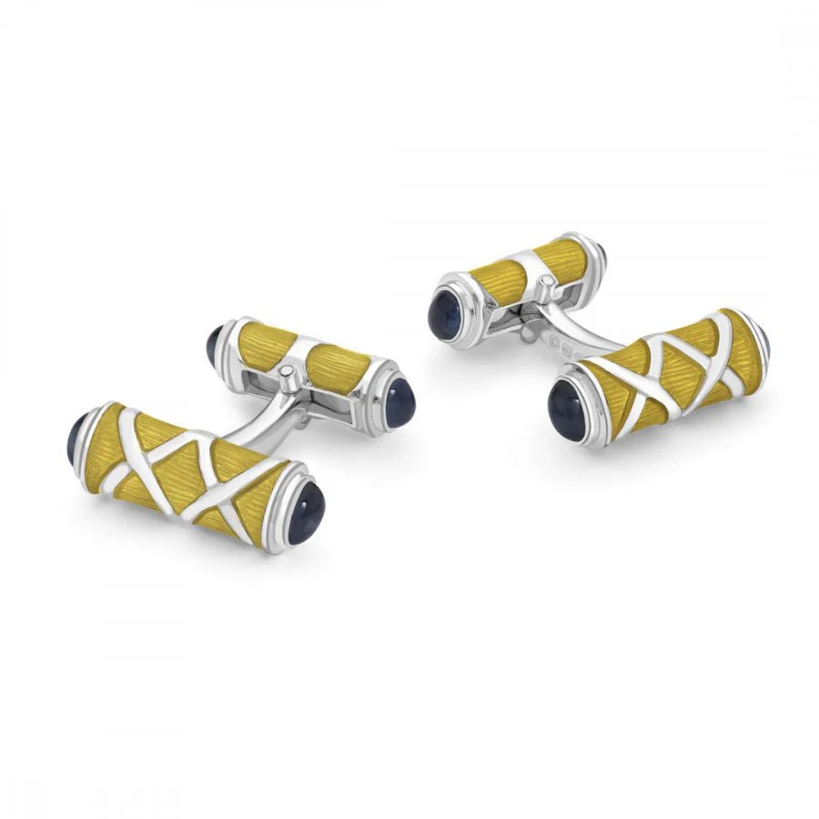 Sterling Silver Yellow Cross Hatch Cufflinks with Sapphire Ends - Deakin & Francis - EB London
