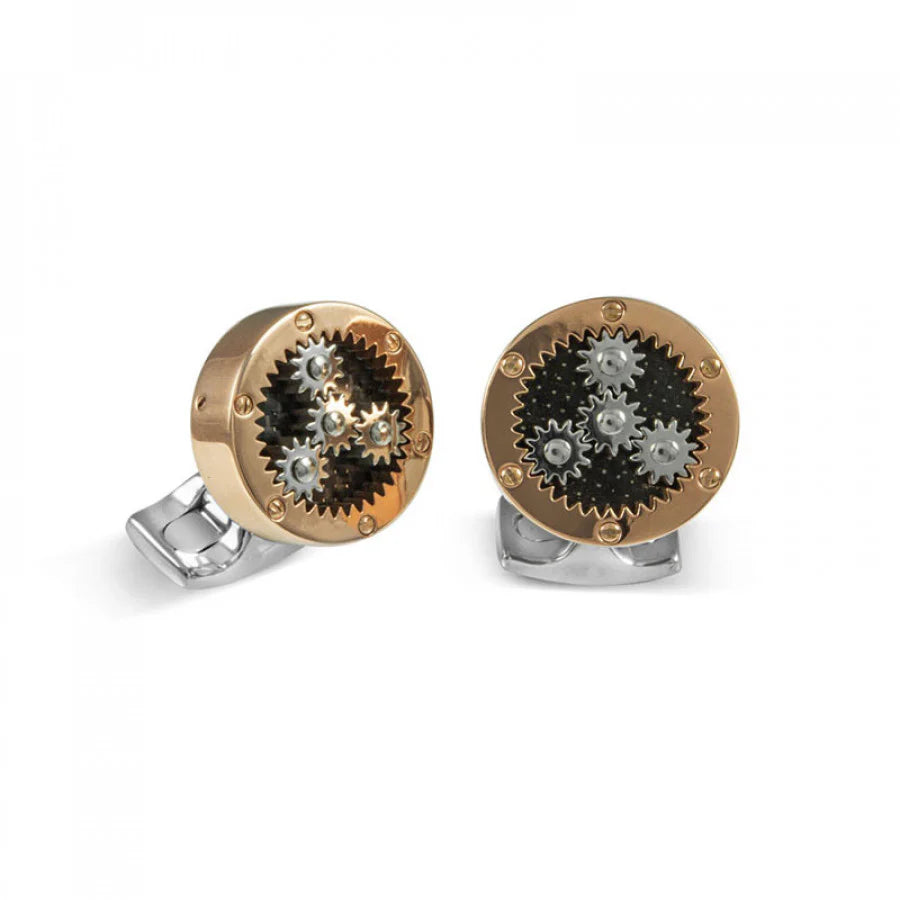 Sun and planet gear cufflinks with rotating cogs in rose gold and white rhodium by Deakin & Francis at EB London