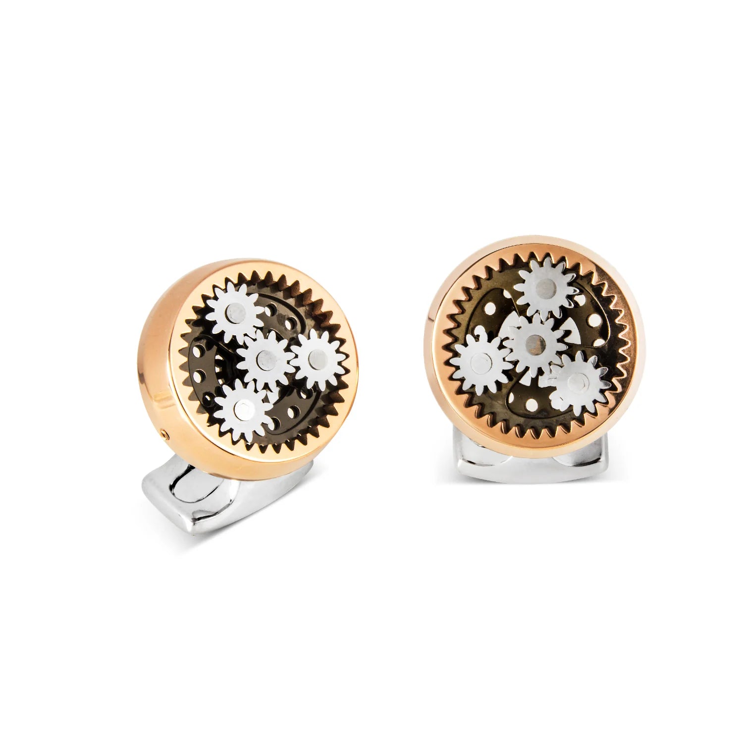 Sun and planet gear cufflinks in rose gold finish with rotating cogs and carbon fibre reverse by Deakin & Francis at EB London