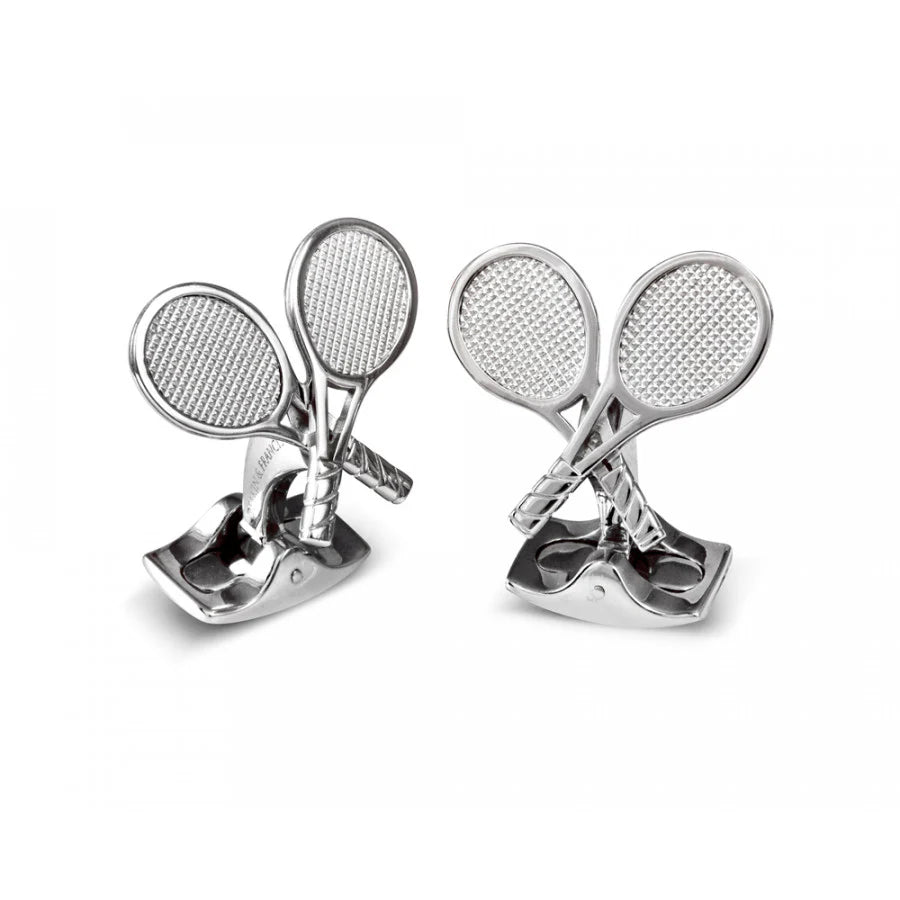 White rhodium tennis racket cufflinks with detailed strings by Deakin & Francis at EB London