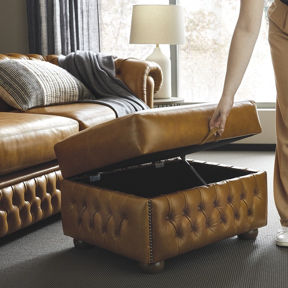 The Saxon Heritage Knightsbridge Pouffe | Hand - Burnished British Upholstered Pouffe - EB London