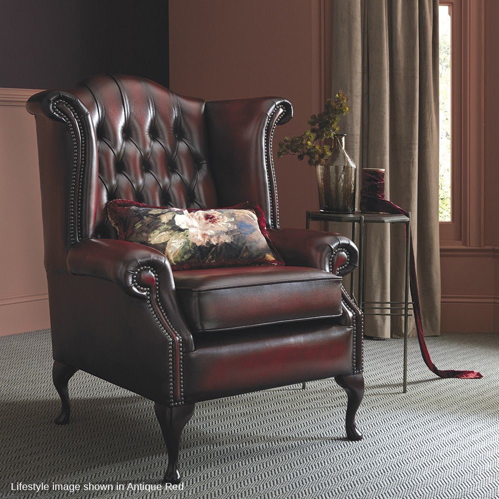 The Saxon Heritage Scroll Chair | Hand - Burnished Leather Chesterfield - EB London