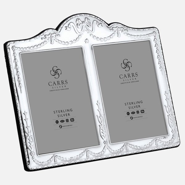 Traditional Double 5" x 3.5" Sterling Silver Photo Frame With Grey Velvet Back - Carrs Silver - EB London