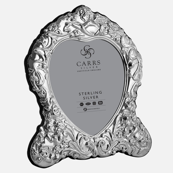 Carrs Silver traditional sterling silver heart photo frame with grey velvet back, hallmarked, handcrafted in Sheffield, England