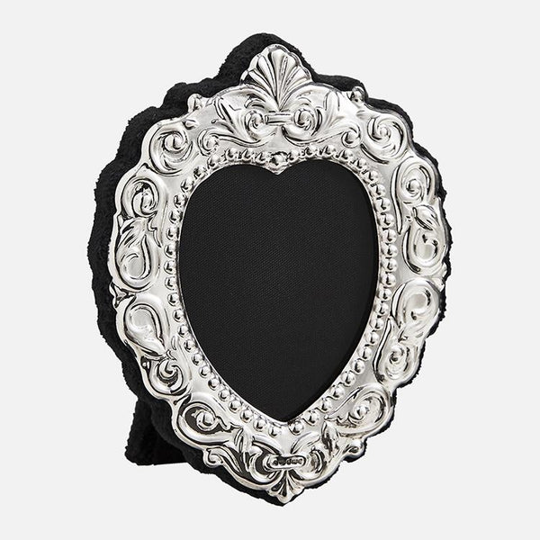 EB London sterling silver heart-shaped photograph frame with grey velvet back, hallmarked