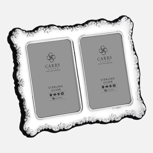 Silver double photo frame with Carrs Silver branding 