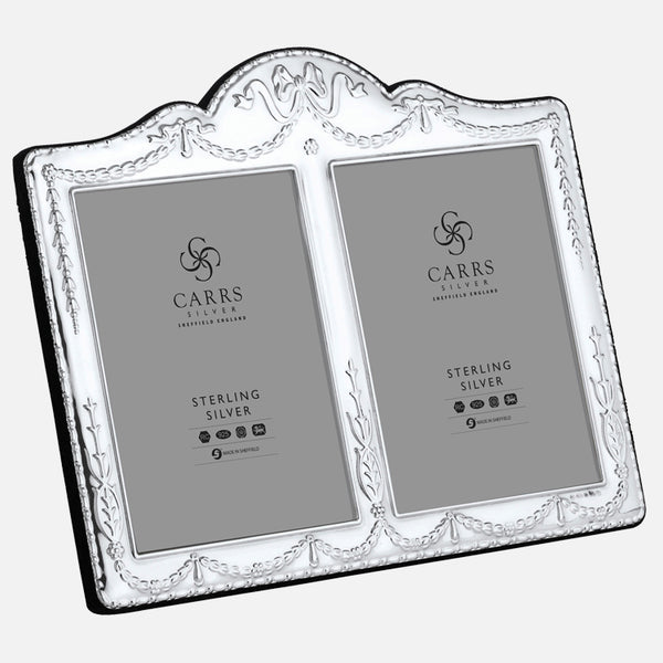 Carrs Silver double antique design sterling silver photo frame, hallmarked, 13cm x 9cm, grey velvet back