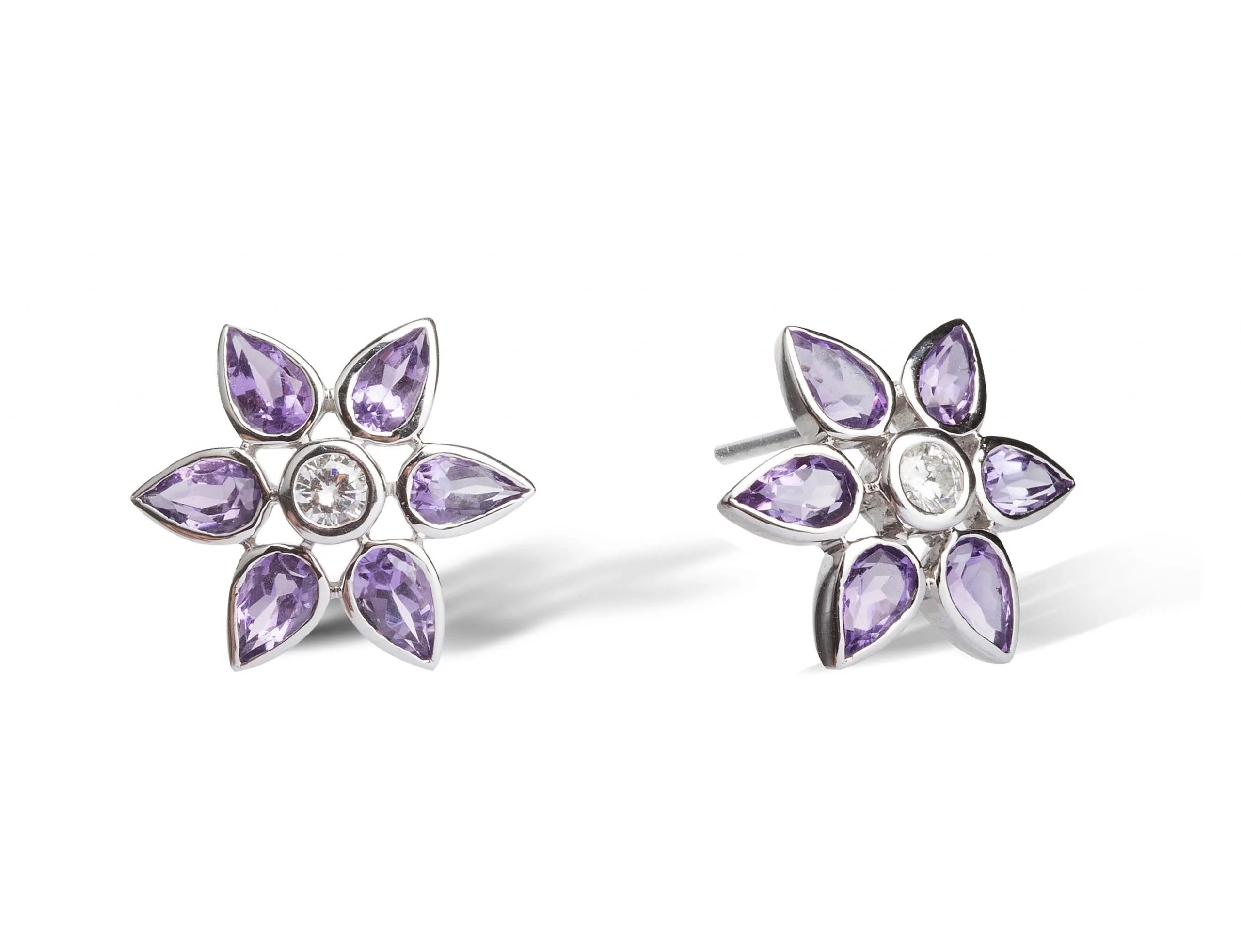 white gold cluster earrings with central diamond and 6 pear shaped amethysts by Deakin & Francis at EB London
