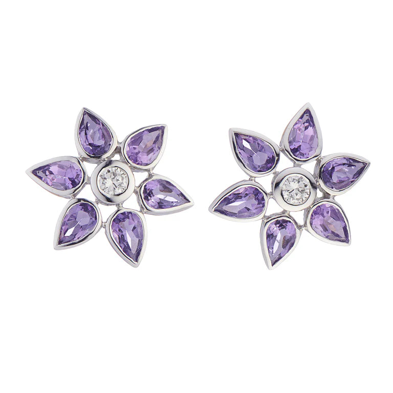 18ct white gold cluster earrings with central diamond and 6 pear shaped amethysts by Deakin & Francis at EB London