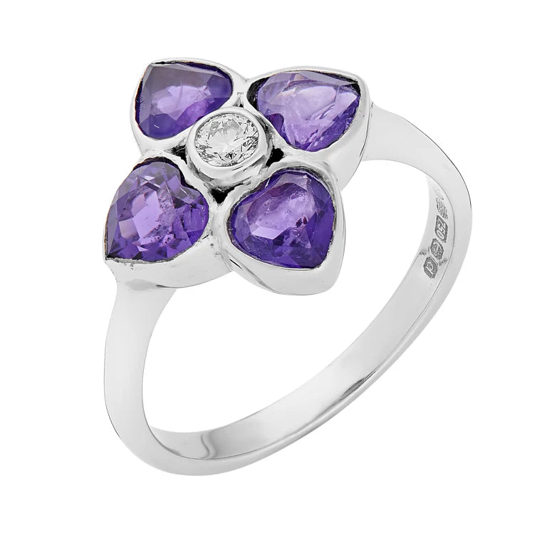 18ct white gold cluster ring with four heart-shaped amethysts and central diamond by Deakin & Francis at EB London