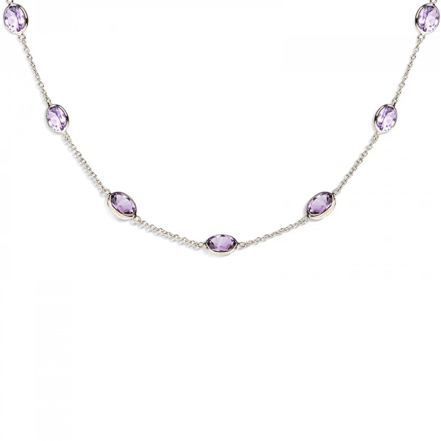 white gold necklace with seven oval amethyst gemstones by Deakin & Francis at EB London