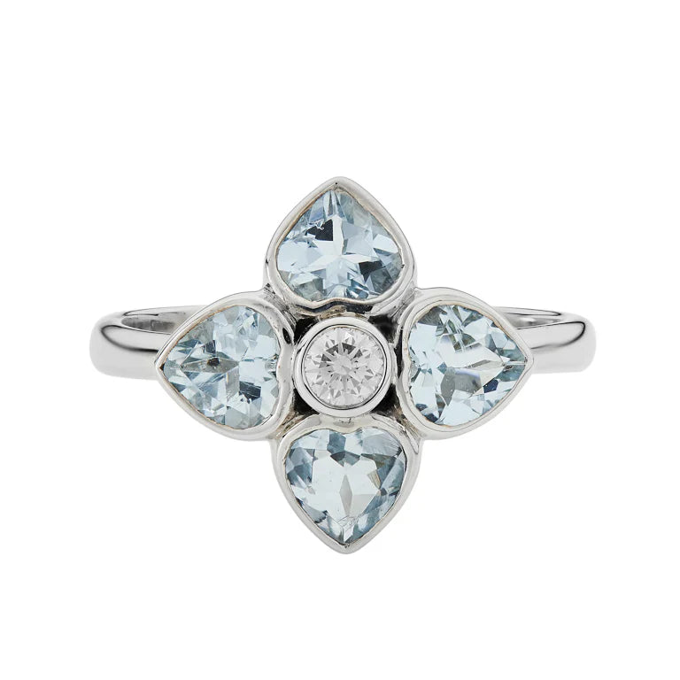 18ct white gold cluster ring with four heart-shaped aquamarines and central diamond by Deakin & Francis at EB London