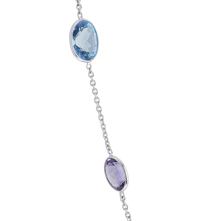gold necklace with oval blue topaz and amethyst gemstones by Deakin & Francis at EB London
