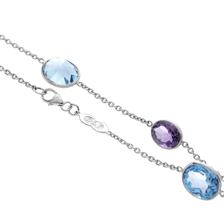 necklace with oval blue topaz and amethyst gemstones by Deakin & Francis at EB London