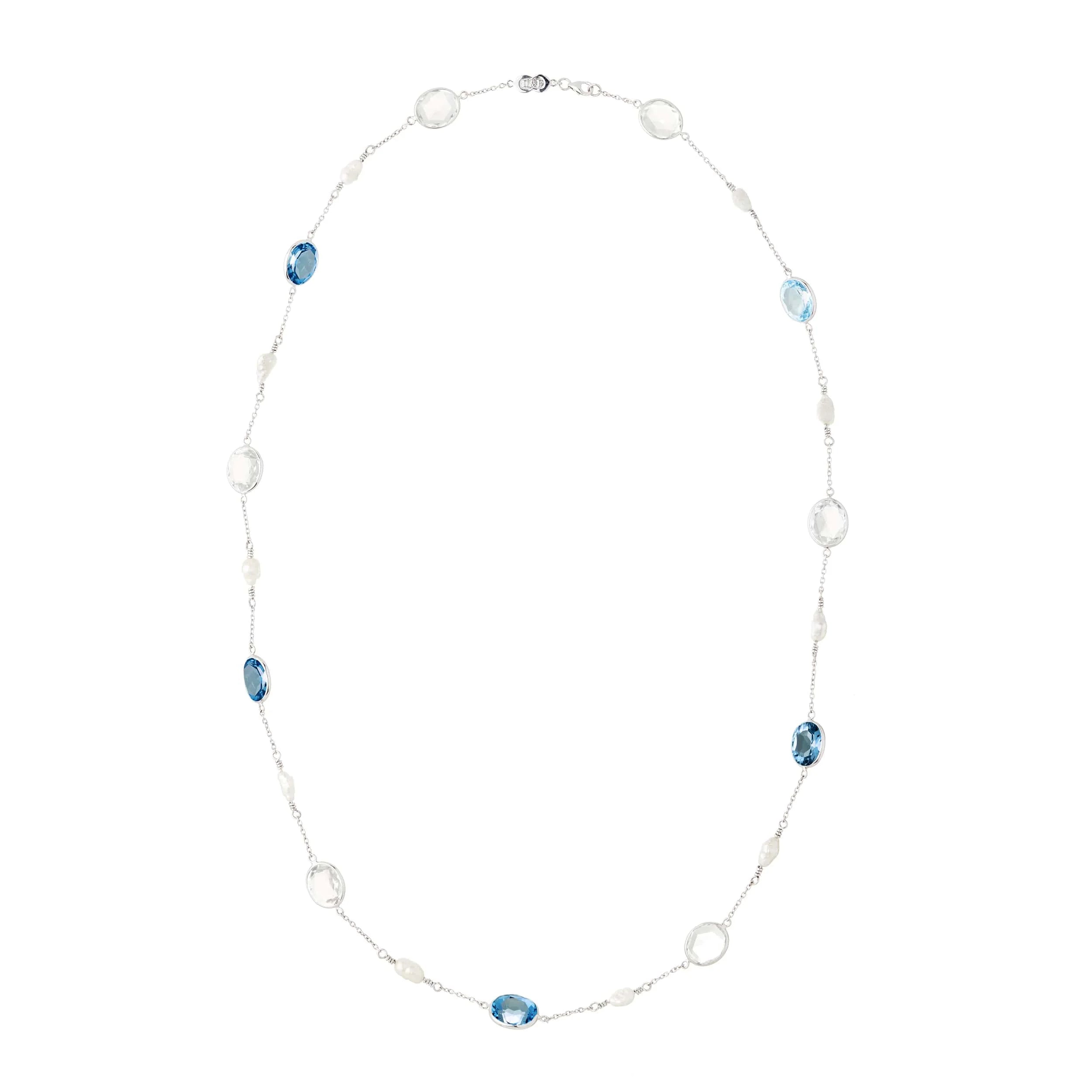 white gold 24 inch necklace with blue topaz, crystal and pearl gemstones by Deakin & Francis at EB London