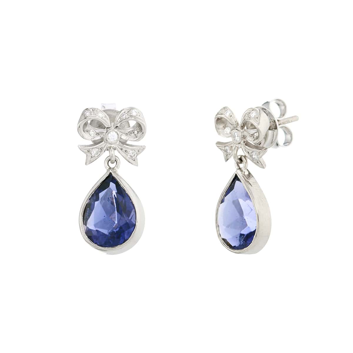 18ct white gold diamond bow earrings with pear shape blue iolite drops by Deakin & Francis at EB London