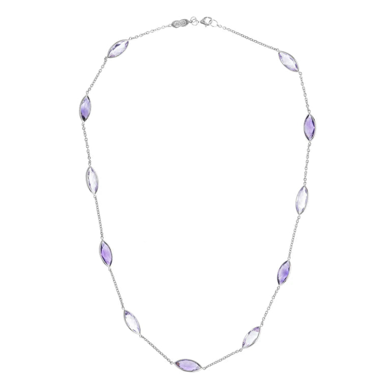 18ct white gold necklace with alternating light and dark marquise amethysts by Deakin & Francis at EB London